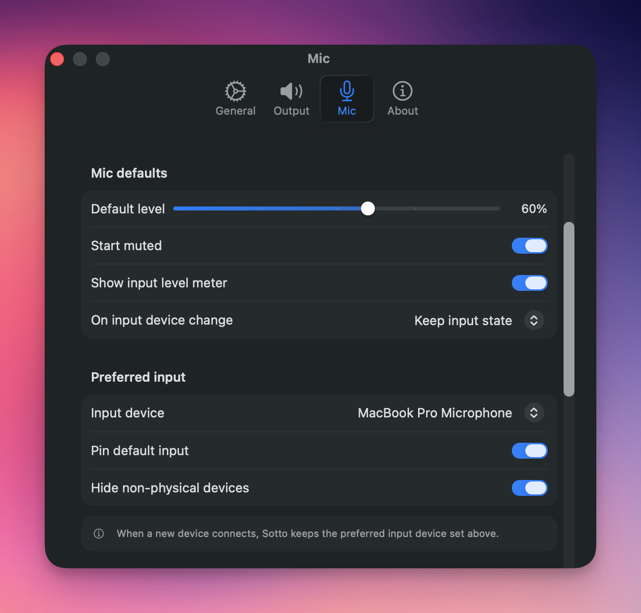 Sotto Default Devices settings with pinned input and pinned output