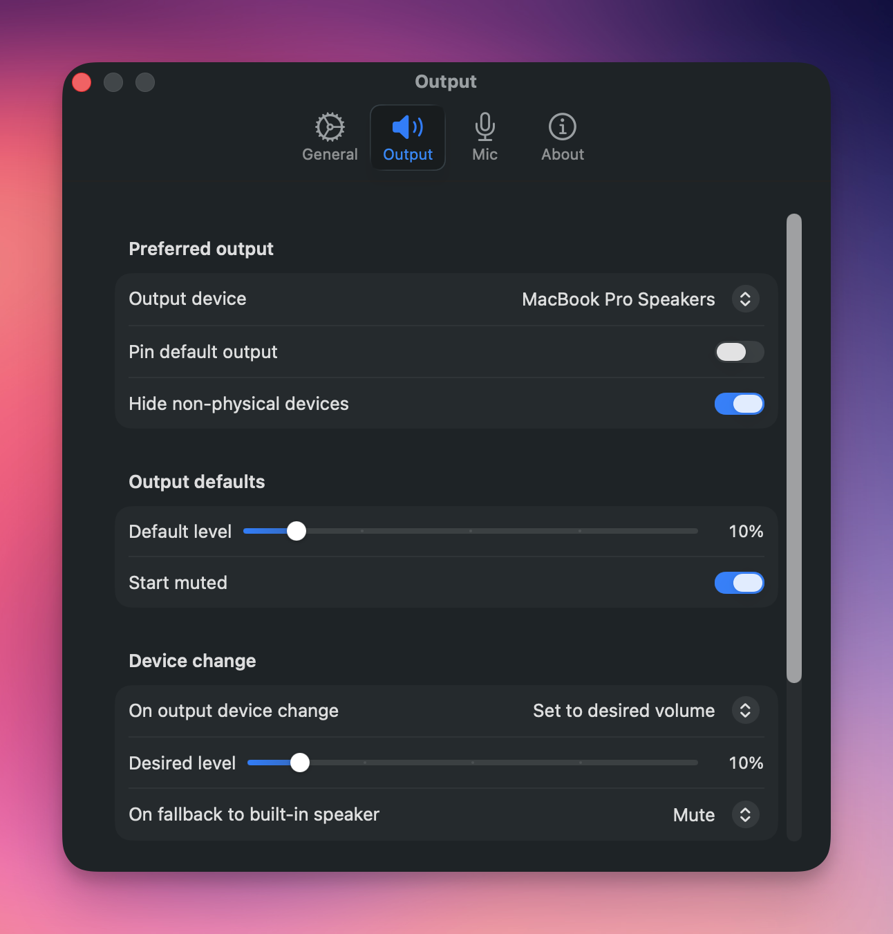 Sotto Output settings showing a silent-wake toggle and a safe startup volume