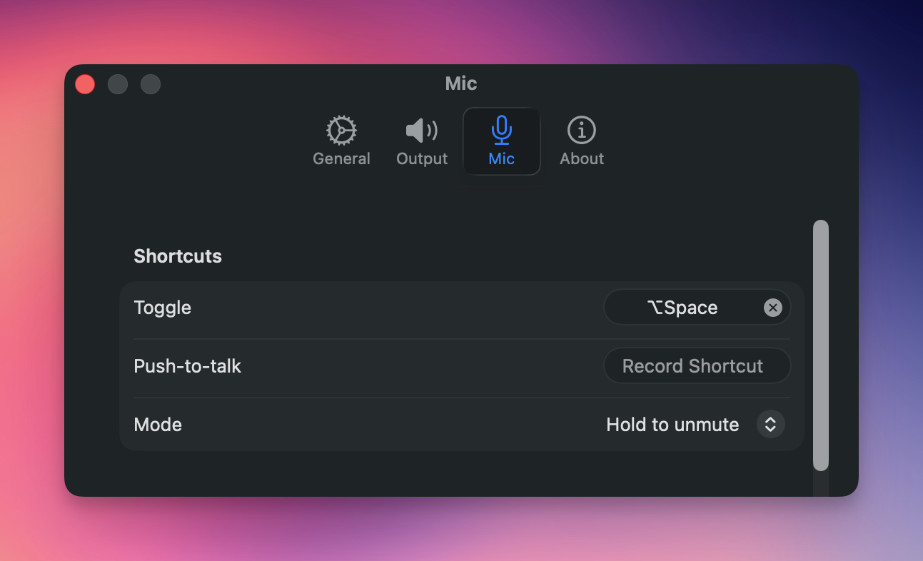 Sotto shortcut settings with a global mute toggle and a push-to-talk binding
